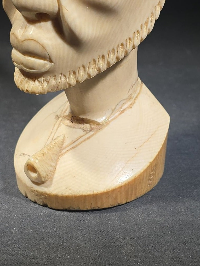 Vintage African Carved Ivory Bust of a Man with Looped Headdress and Pendant Necklace, Note Damaged and Repaired
