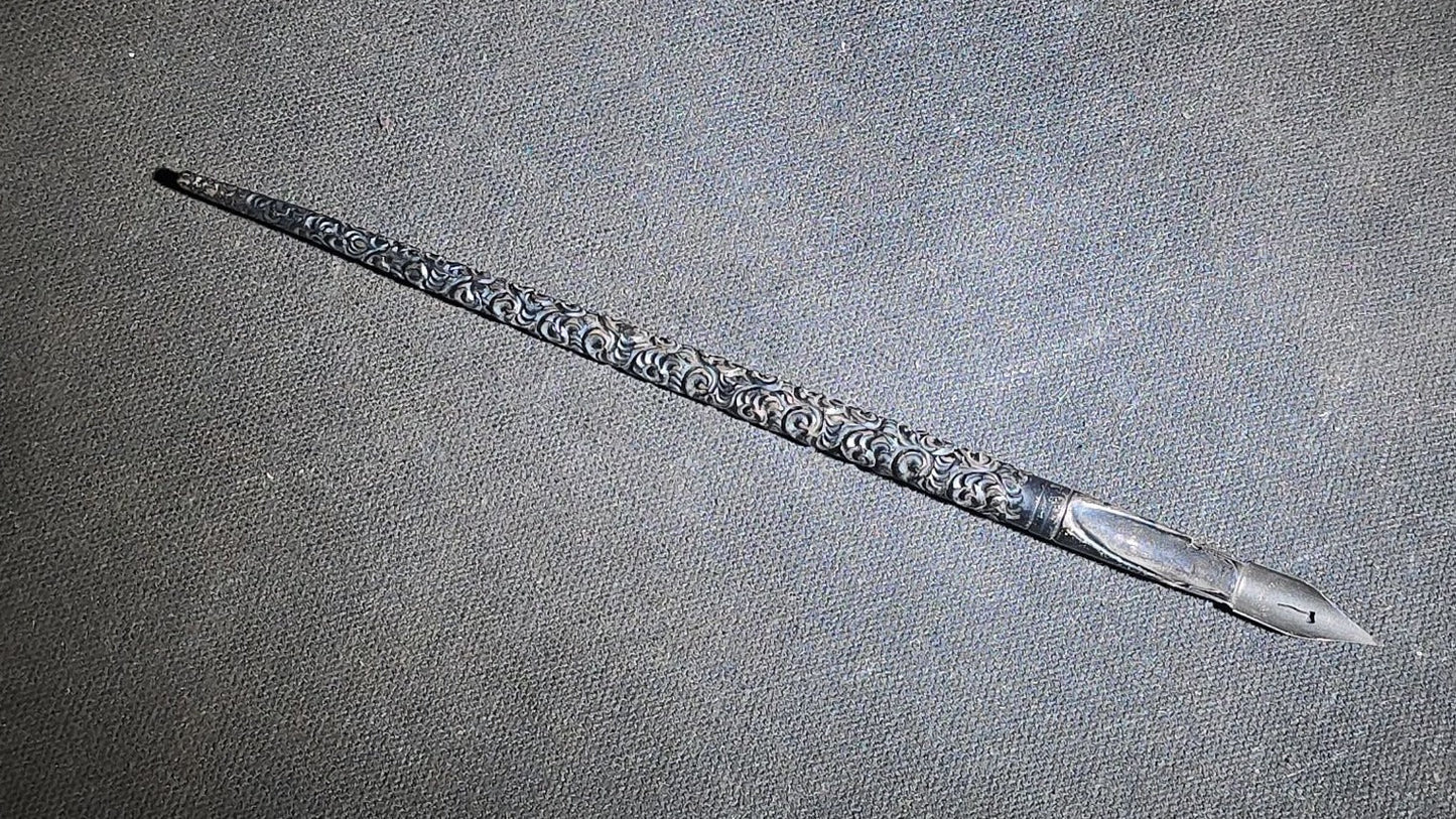 Antique Sterling Silver Dip Pen with Repousse Scroll Design and Steel Nib