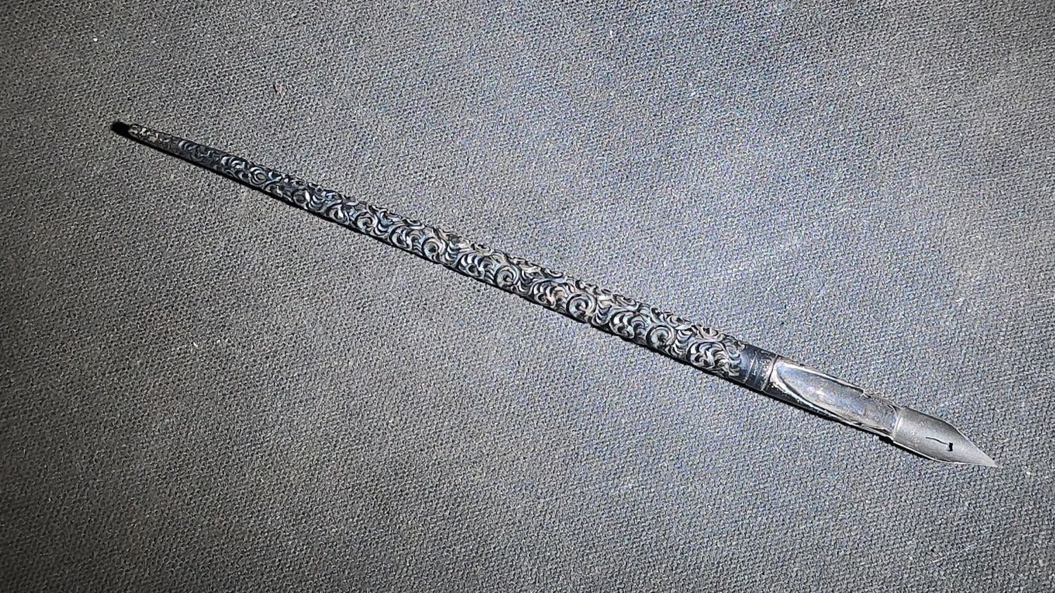 Antique Sterling Silver Dip Pen with Repousse Scroll Design and Steel Nib