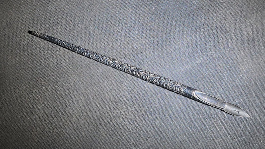 Antique Sterling Silver Dip Pen with Repousse Scroll Design and Steel Nib