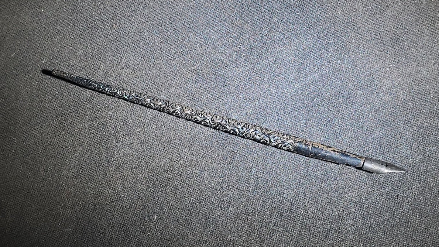 Antique Sterling Silver Dip Pen with Repousse Scroll Design and Steel Nib
