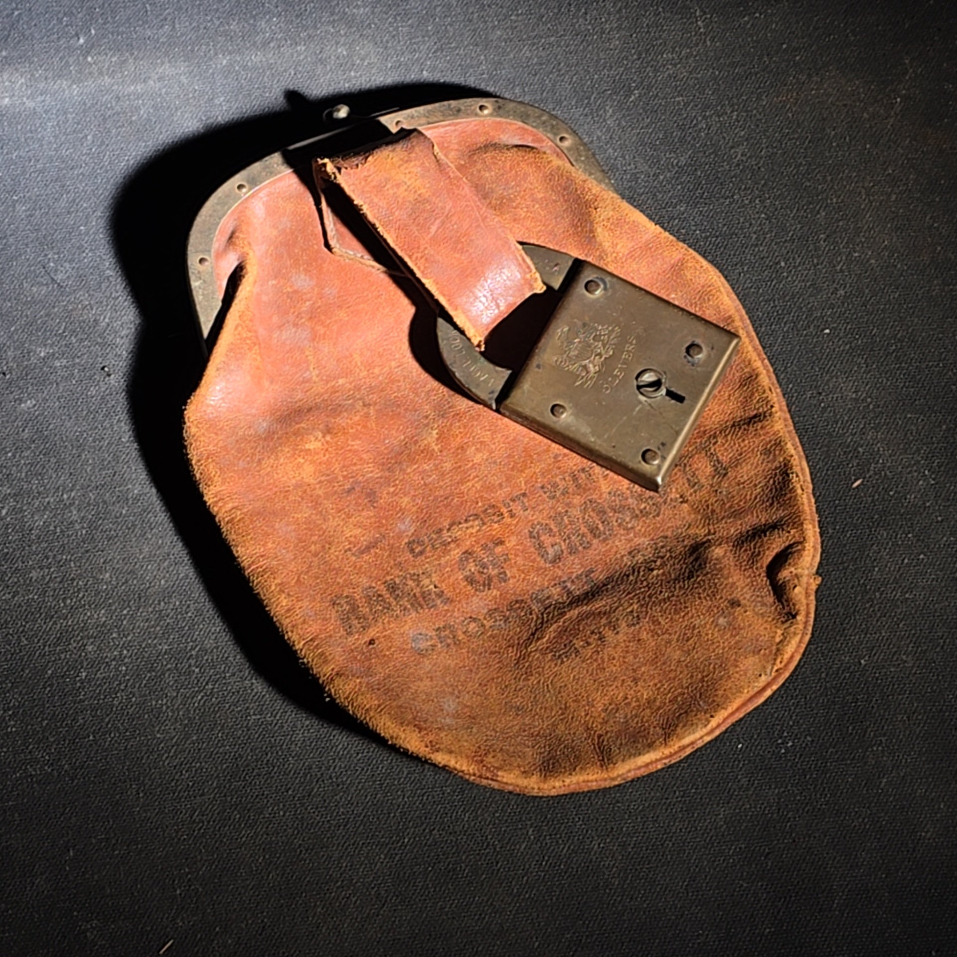 Antique Leather Bank Deposit Bag with Eagle Lock Co. Brass Lock, Bank of Crossett, Crossett, Arkansas