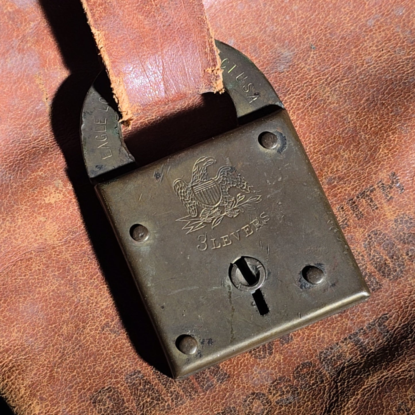 Antique Leather Bank Deposit Bag with Eagle Lock Co. Brass Lock, Bank of Crossett, Crossett, Arkansas