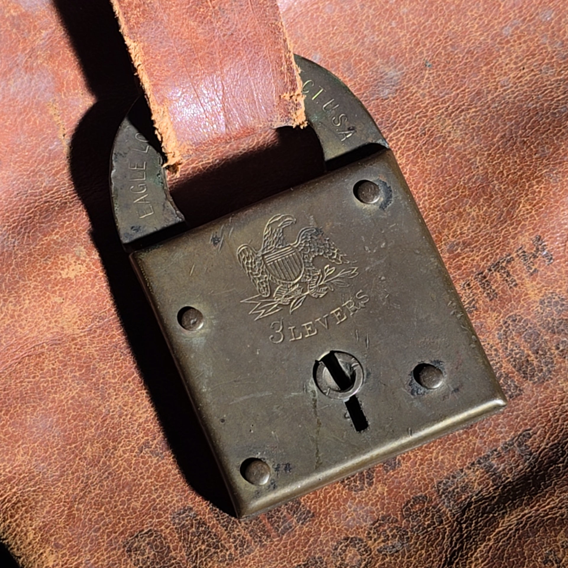 Antique Leather Bank Deposit Bag with Eagle Lock Co. Brass Lock, Bank of Crossett, Crossett, Arkansas