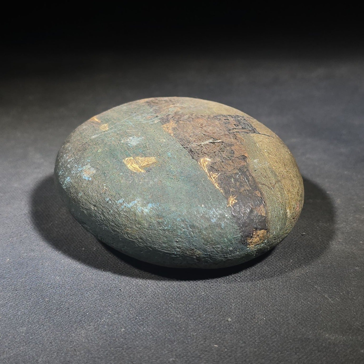 Antique Hand-Painted Stone with Coastal Scene Depicting a Church on Rocky Shoreline with Sailboats