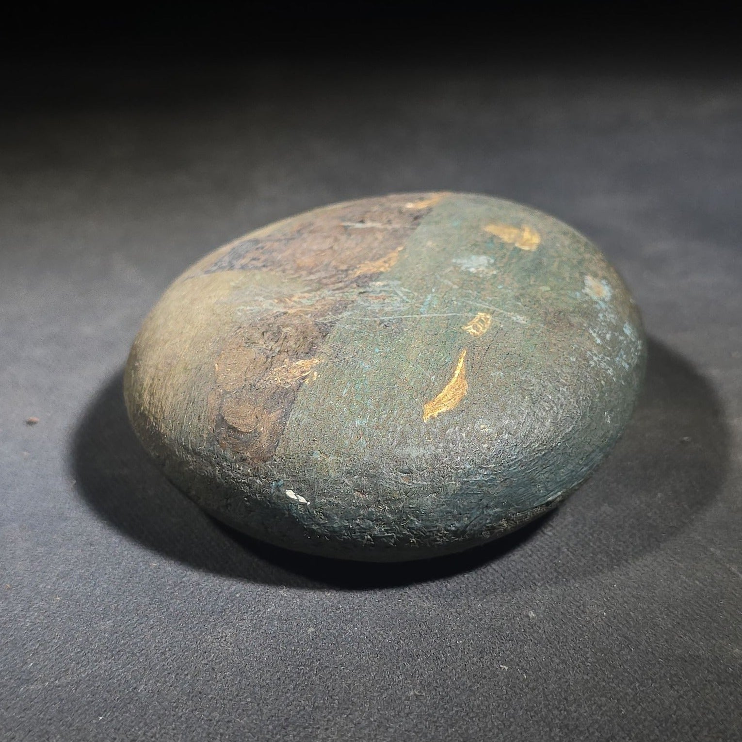 Antique Hand-Painted Stone with Coastal Scene Depicting a Church on Rocky Shoreline with Sailboats