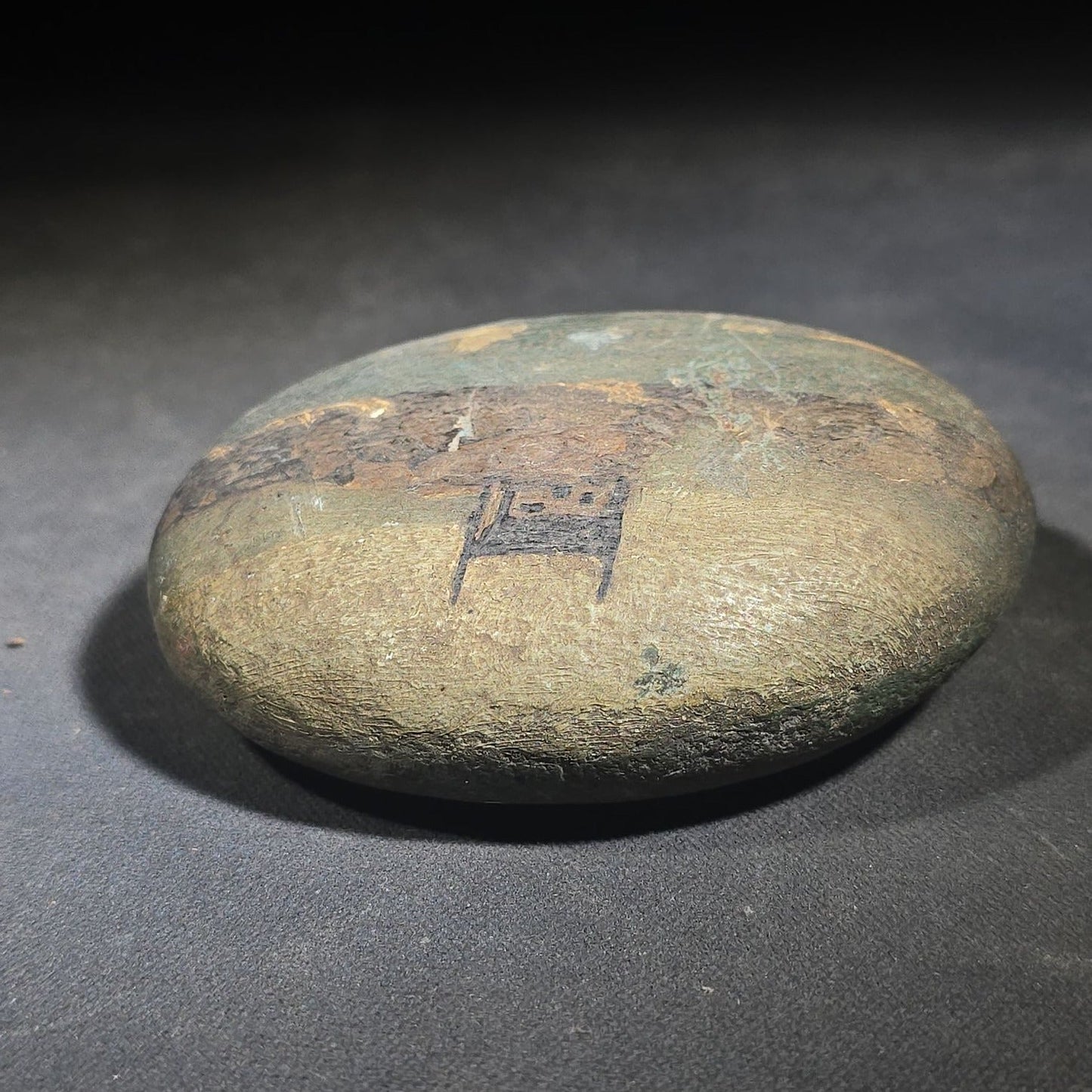 Antique Hand-Painted Stone with Coastal Scene Depicting a Church on Rocky Shoreline with Sailboats