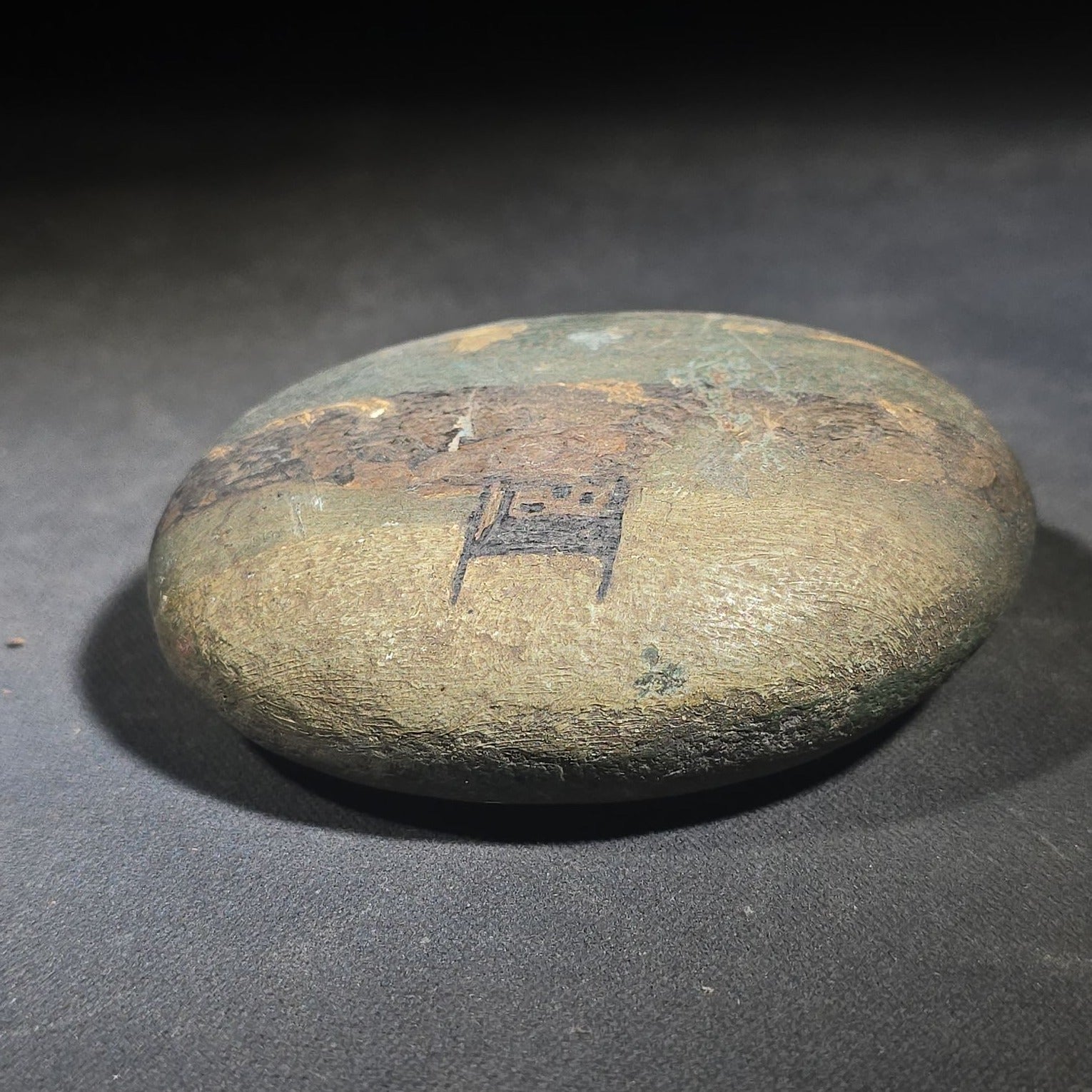 Antique Hand-Painted Stone with Coastal Scene Depicting a Church on Rocky Shoreline with Sailboats