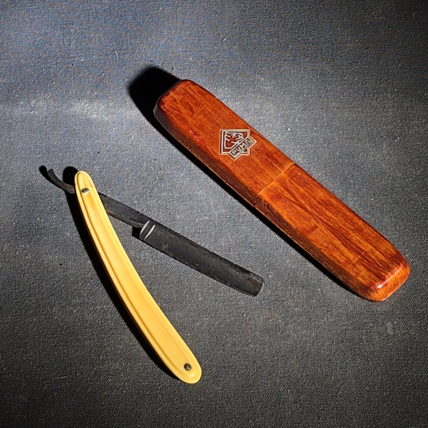 Vintage F.W. Engels "Our Best" Straight Razor with Celluloid Handle, Solingen, Germany, in Puma Wood Case