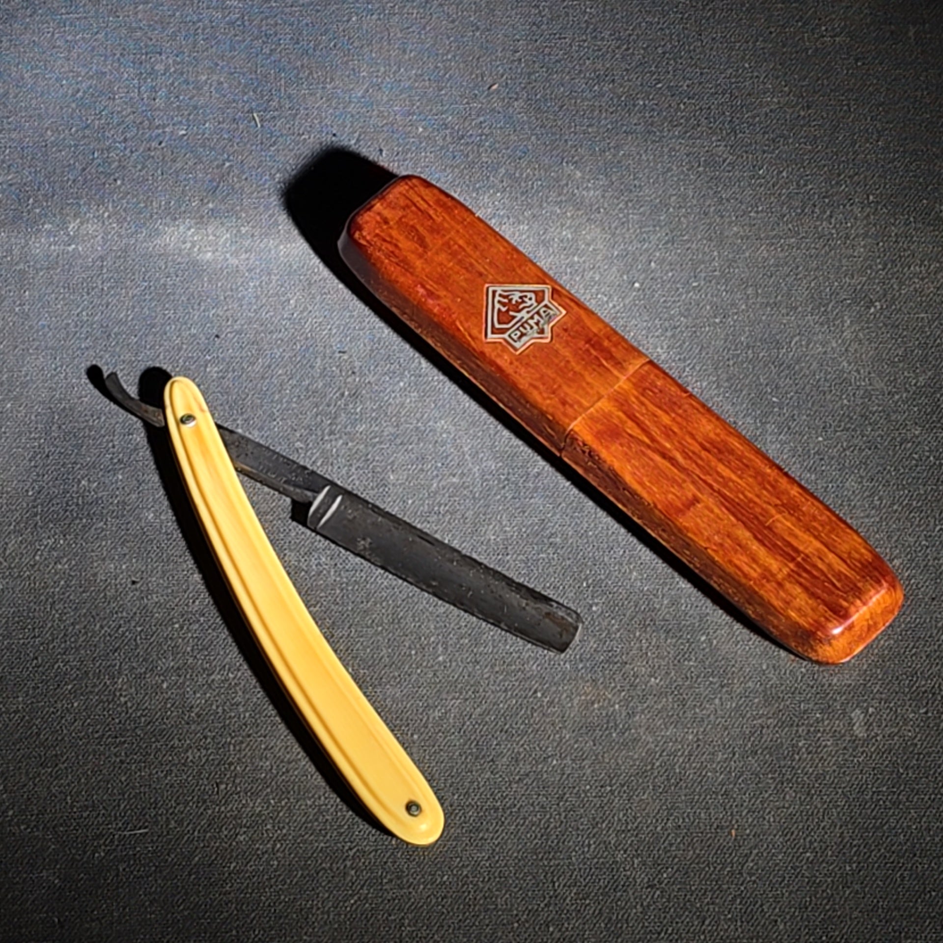Vintage F.W. Engels "Our Best" Straight Razor with Celluloid Handle, Solingen, Germany, in Puma Wood Case