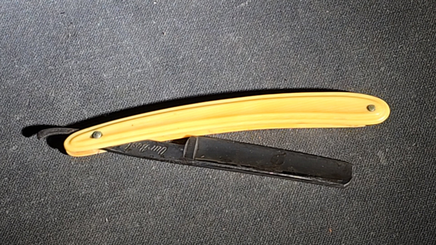 Vintage F.W. Engels "Our Best" Straight Razor with Celluloid Handle, Solingen, Germany, in Puma Wood Case