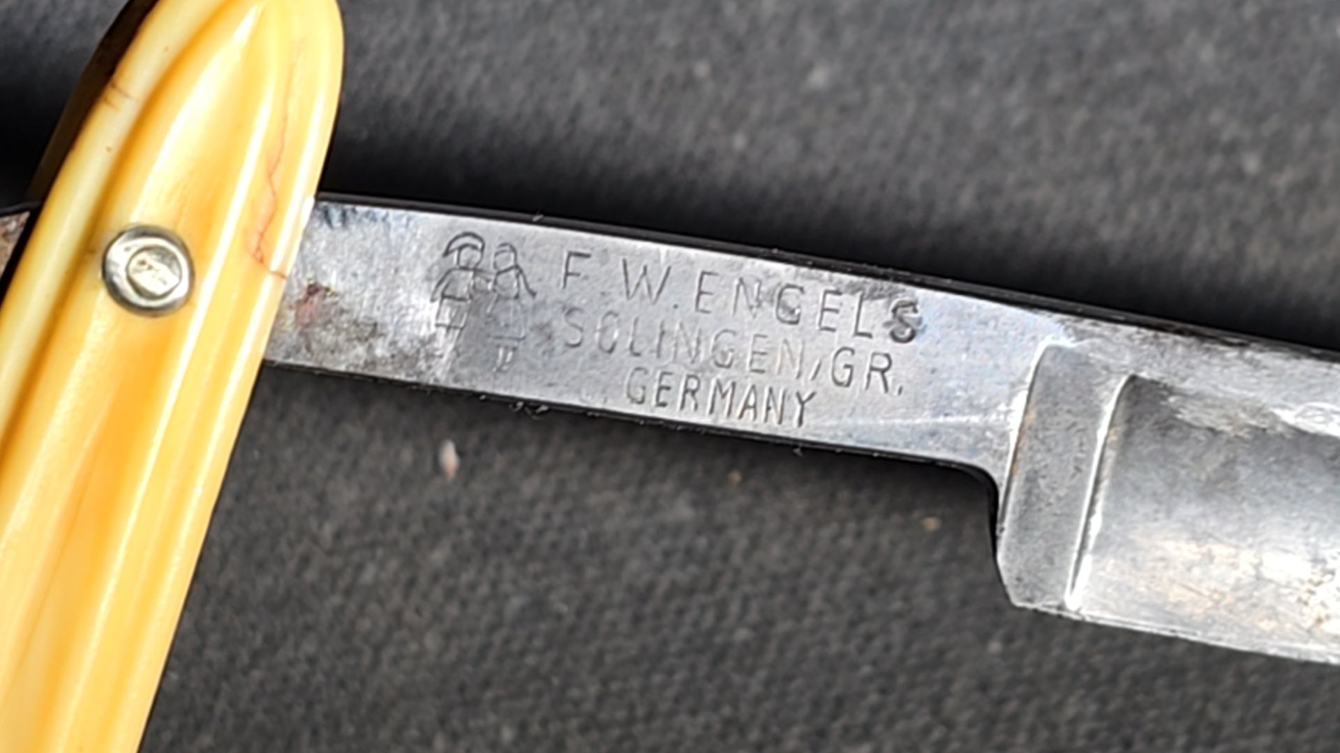 Vintage F.W. Engels "Our Best" Straight Razor with Celluloid Handle, Solingen, Germany, in Puma Wood Case