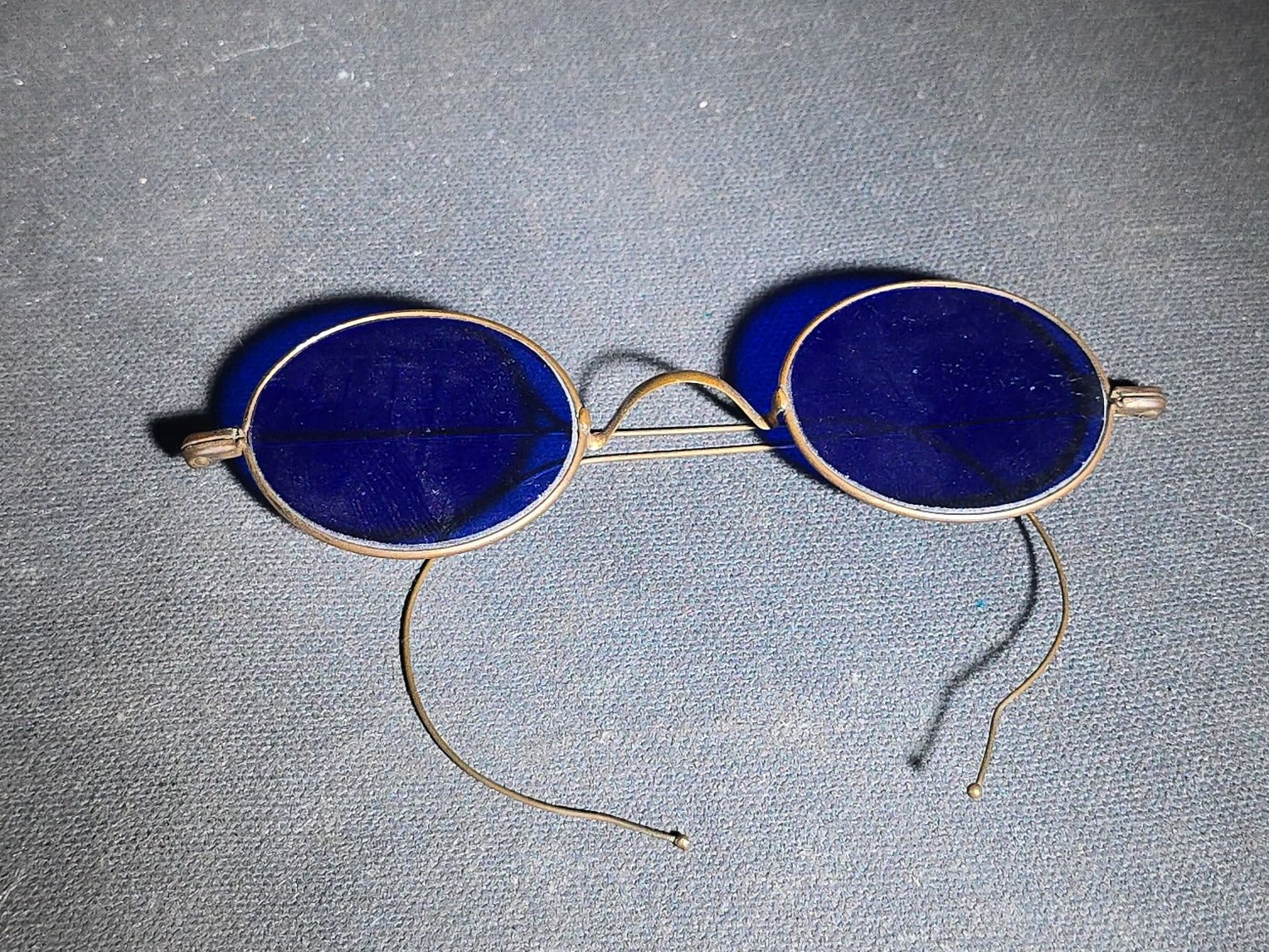 Antique Wire-Frame Spectacles with Cobalt Blue Lenses and Cable Temples