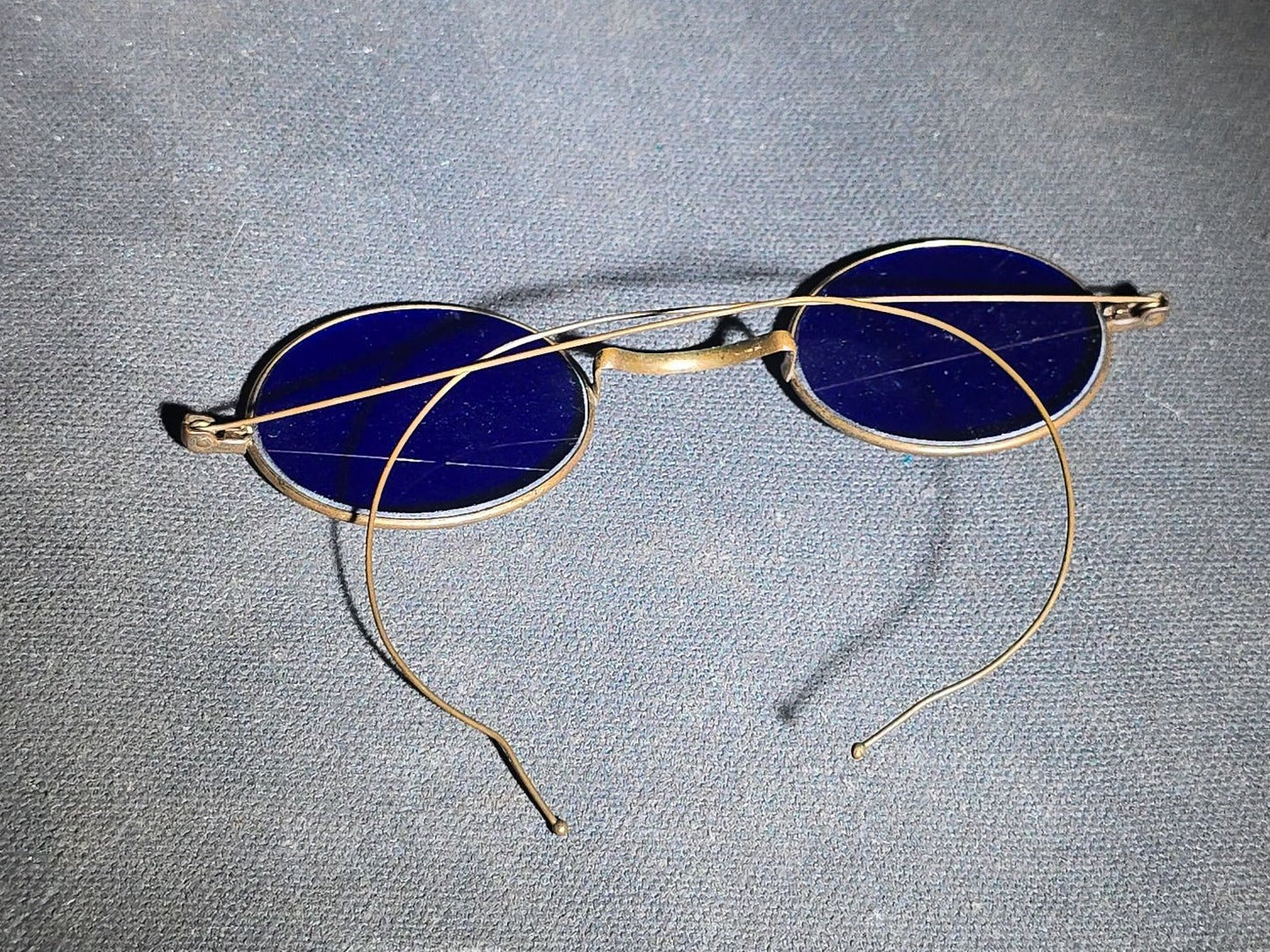 Antique Wire-Frame Spectacles with Cobalt Blue Lenses and Cable Temples