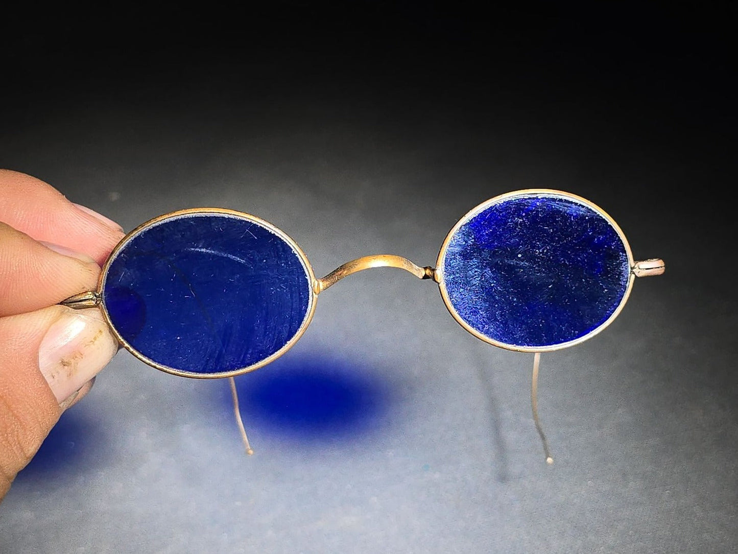 Antique Wire-Frame Spectacles with Cobalt Blue Lenses and Cable Temples