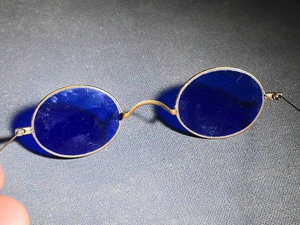 Antique Wire-Frame Spectacles with Cobalt Blue Lenses and Cable Temples