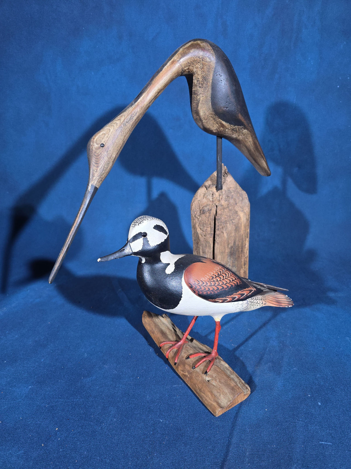 Pair of Vintage Carved and Painted Wood Shorebird Figures on Driftwood Bases