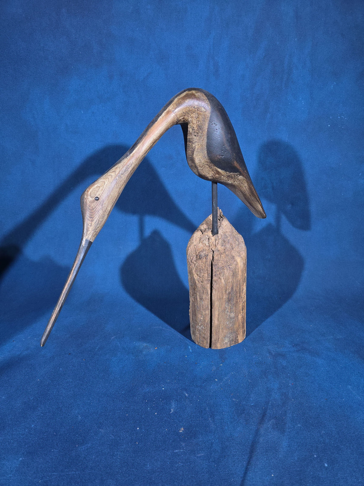 Pair of Vintage Carved and Painted Wood Shorebird Figures on Driftwood Bases