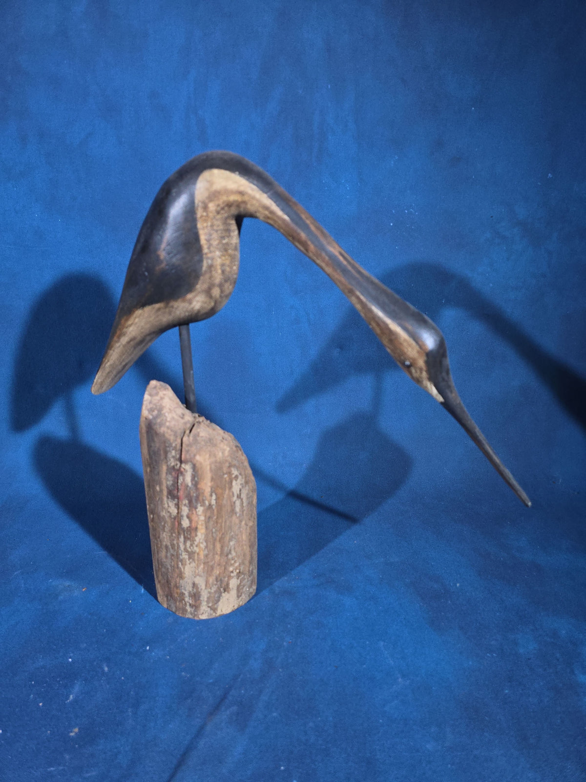 Pair of Vintage Carved and Painted Wood Shorebird Figures on Driftwood Bases