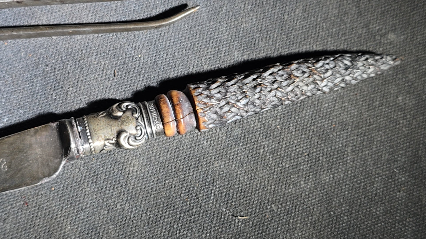 Grouping of Four Antique Carving Pieces including Trans-Mississippi Exposition Omaha 1898 Souvenir Knife, Stag-Handle Carving Knife and Fork, and Wood-Handle Carving Fork