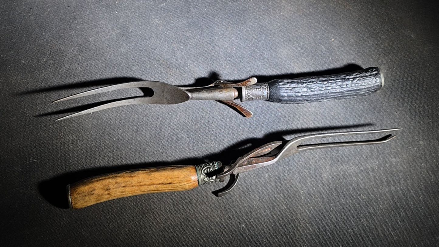 Grouping of Four Antique Carving Pieces including Trans-Mississippi Exposition Omaha 1898 Souvenir Knife, Stag-Handle Carving Knife and Fork, and Wood-Handle Carving Fork