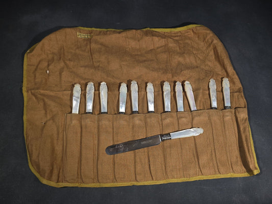 Antique Set of 12 Mother-of-Pearl Handled Knives in Gorham Mfg. Co. Silversmiths Roll, Retailed by Theodore B. Starr, Madison Square, New York