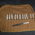 Lot 128 - Antique Set of 12 Mother-Of-Pearl Handled Knives in Gorham Mfg. Co. Silversmiths Roll, Retailed by Theodore B. Starr, Madison Square, New York, 7-3/4" L each