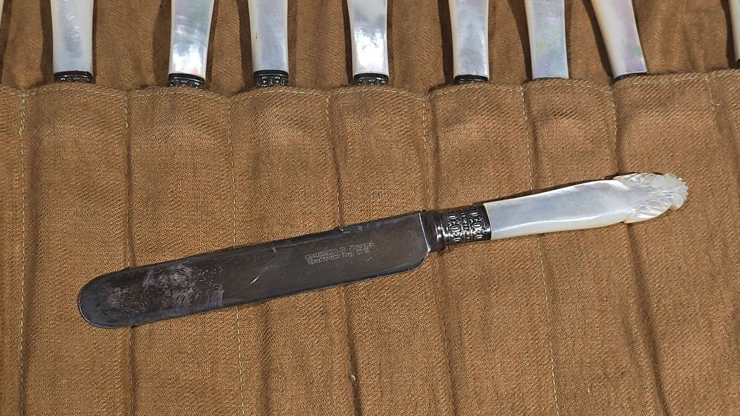Antique Set of 12 Mother-of-Pearl Handled Knives in Gorham Mfg. Co. Silversmiths Roll, Retailed by Theodore B. Starr, Madison Square, New York