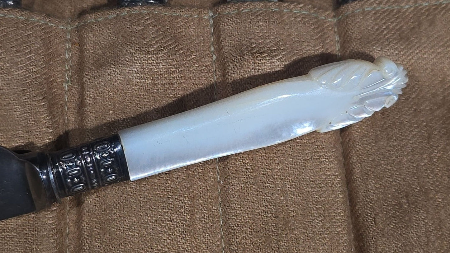 Antique Set of 12 Mother-of-Pearl Handled Knives in Gorham Mfg. Co. Silversmiths Roll, Retailed by Theodore B. Starr, Madison Square, New York