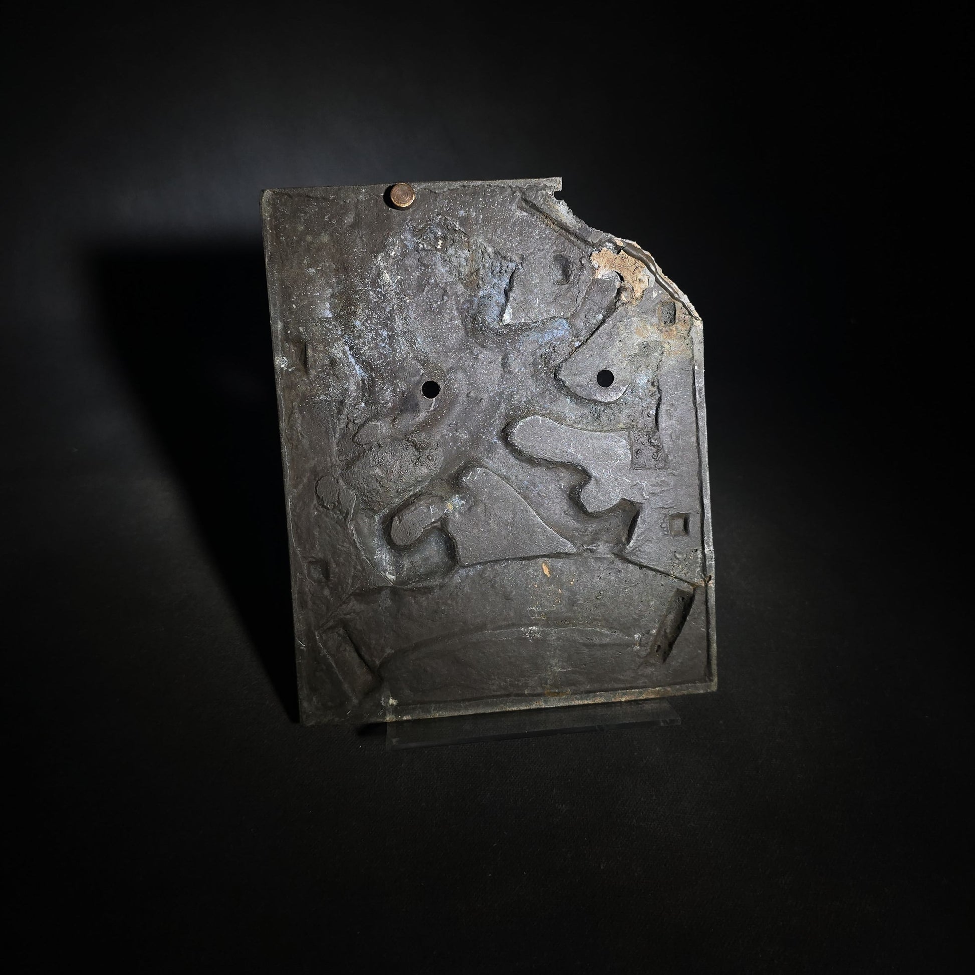 Antique Cast Metal Heraldic Rampant Lion Plaque with Banner and Crown