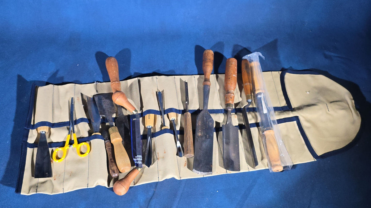 Grouping of 15 Antique, Vintage, and Modern Woodworking Chisels and Gouges including Pfeil Swiss-Made Carving Tools in Canvas Tool Roll