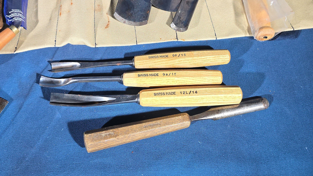 Grouping of 15 Antique, Vintage, and Modern Woodworking Chisels and Gouges including Pfeil Swiss-Made Carving Tools in Canvas Tool Roll