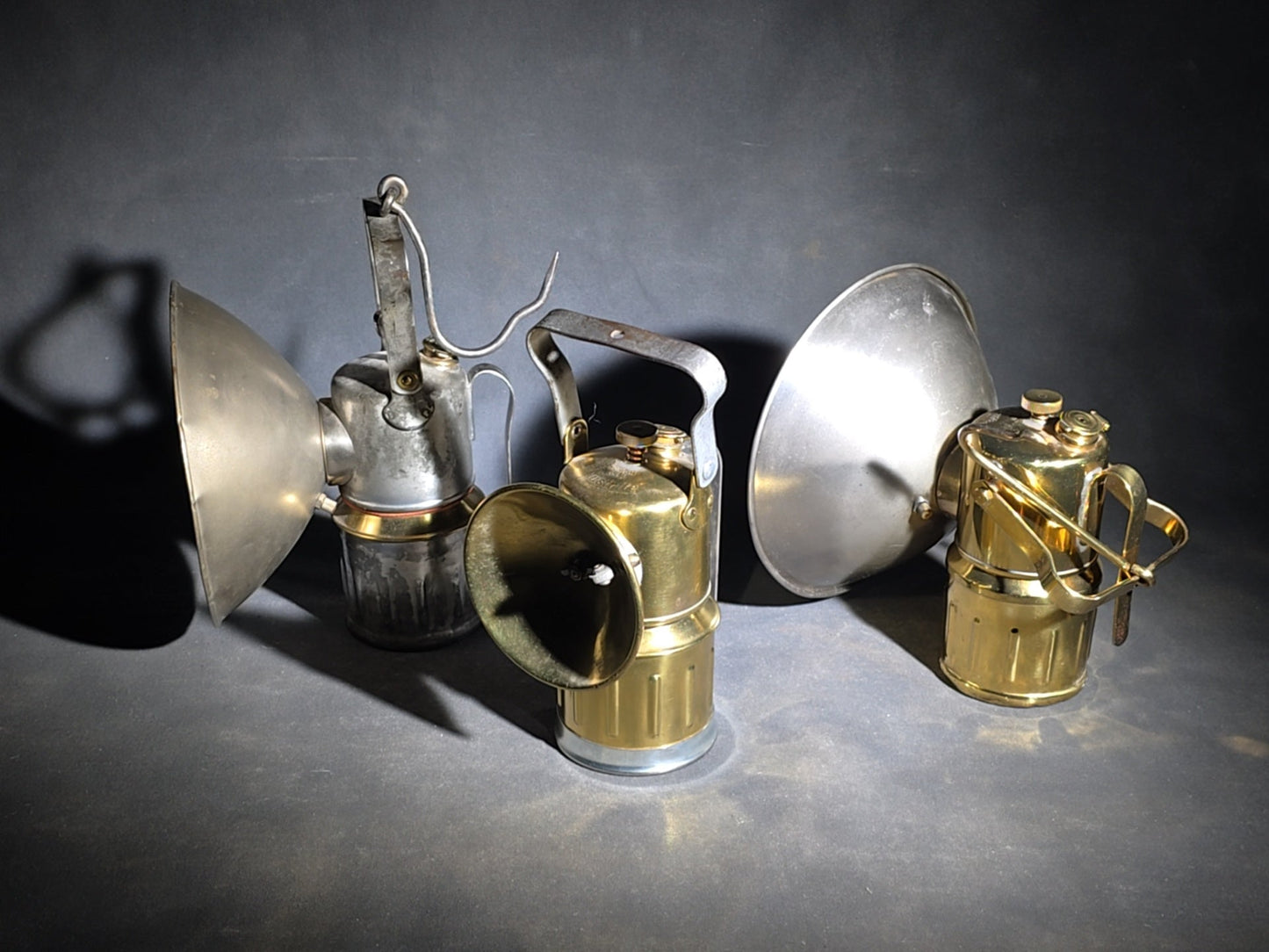 Trio of Vintage Justrite Carbide Mining Lamps