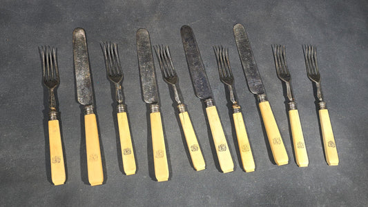Grouping of 10 Antique Bone-Handled Knives and Forks including Six Forks and Four Knives with Hallmarks