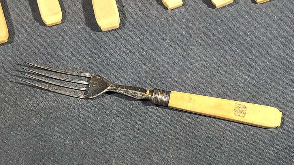 Grouping of 10 Antique Bone-Handled Knives and Forks including Six Forks and Four Knives with Hallmarks