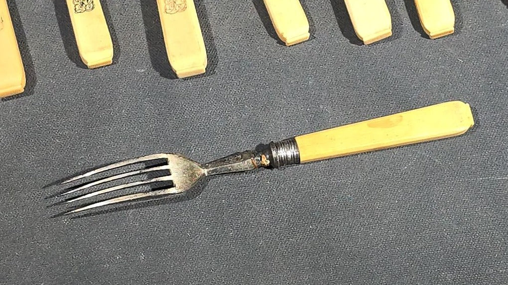 Grouping of 10 Antique Bone-Handled Knives and Forks including Six Forks and Four Knives with Hallmarks