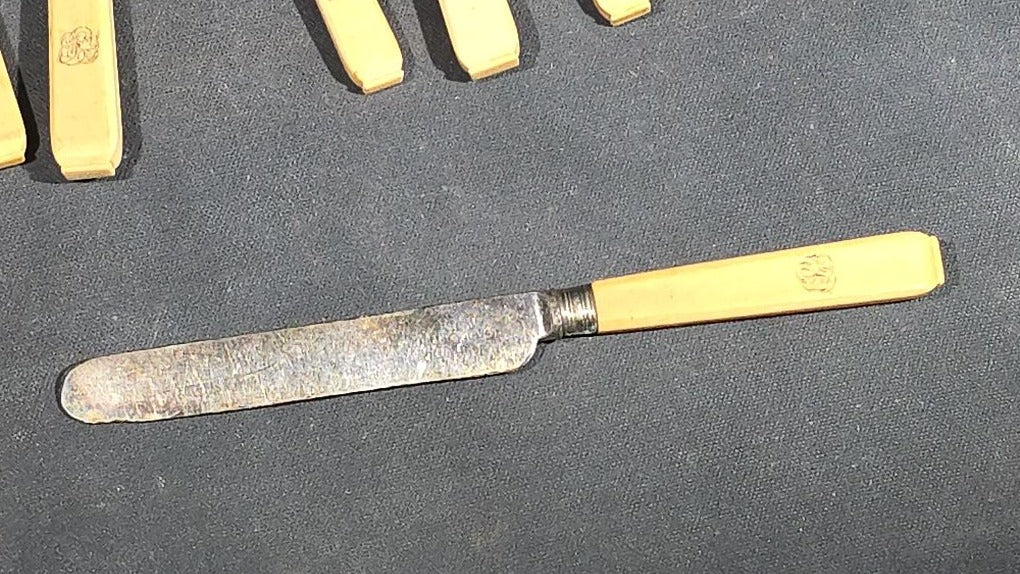 Grouping of 10 Antique Bone-Handled Knives and Forks including Six Forks and Four Knives with Hallmarks