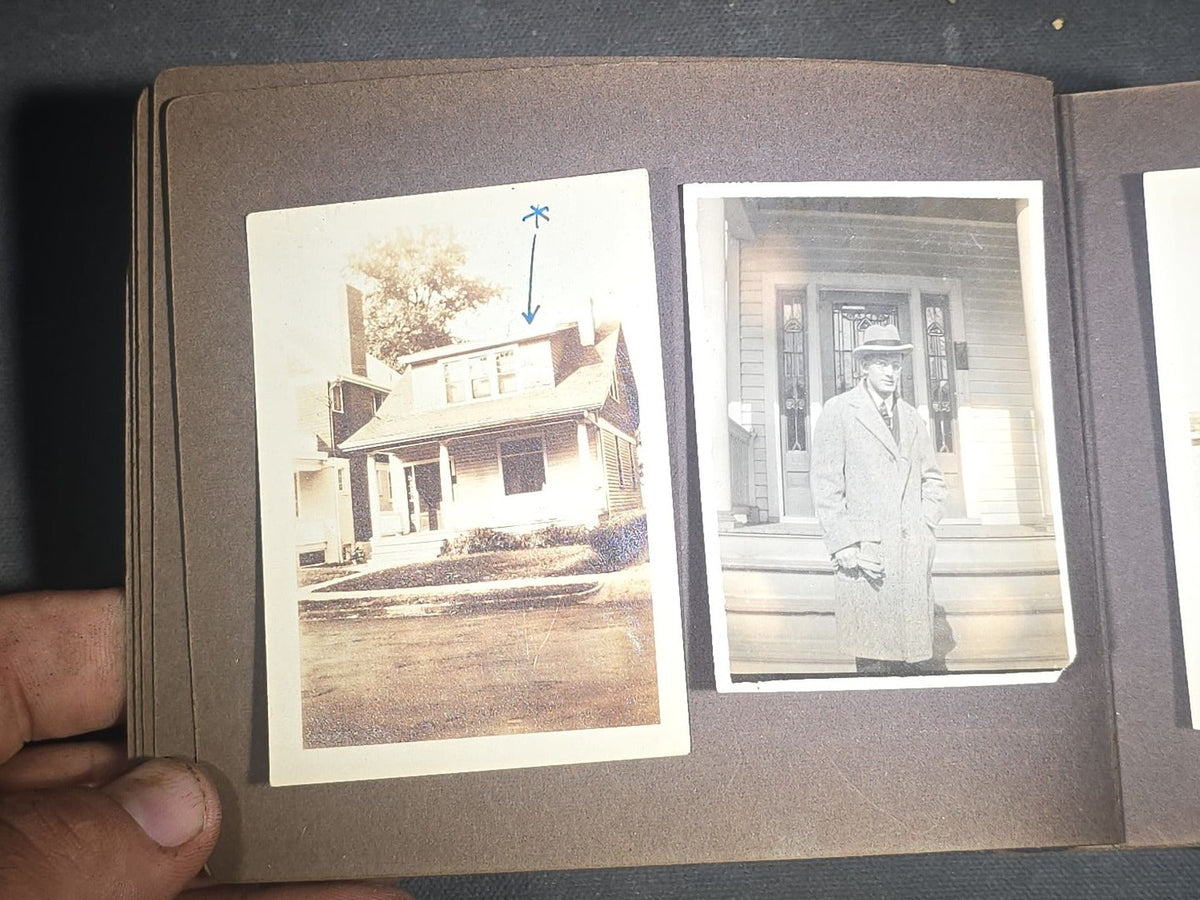 Antique Snapshot Photo Album Containing 45+ Snapshot Photographs, German-Captioned Transatlantic Voyage Aboard the R.M.S. Majestic with New York City Street Scenes, Shipboard Costume Party, Dining Room Interior, and Portraits