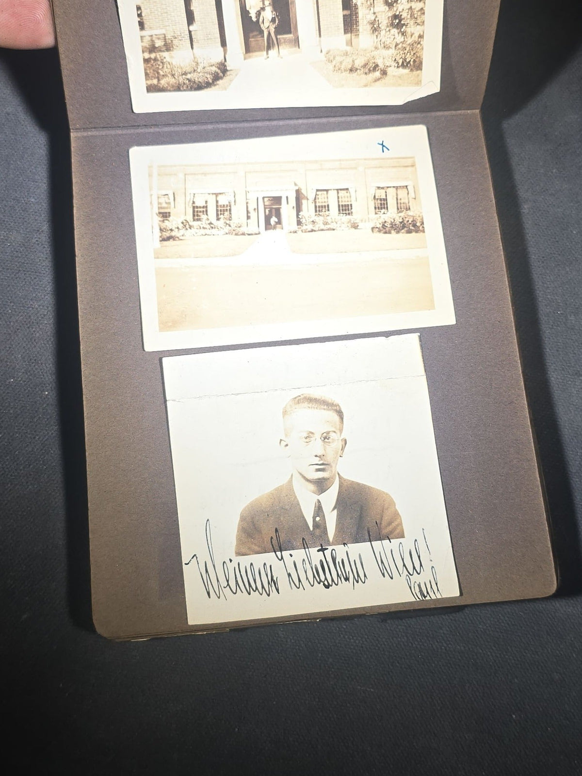 Antique Snapshot Photo Album Containing 45+ Snapshot Photographs, German-Captioned Transatlantic Voyage Aboard the R.M.S. Majestic with New York City Street Scenes, Shipboard Costume Party, Dining Room Interior, and Portraits