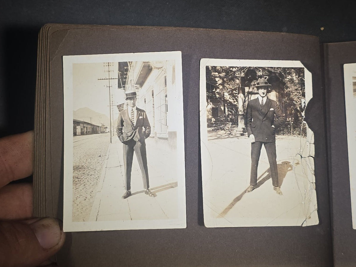 Antique Snapshot Photo Album Containing 45+ Snapshot Photographs, German-Captioned Transatlantic Voyage Aboard the R.M.S. Majestic with New York City Street Scenes, Shipboard Costume Party, Dining Room Interior, and Portraits