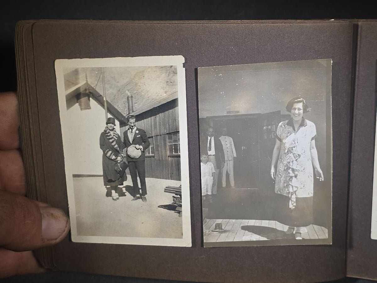 Antique Snapshot Photo Album Containing 45+ Snapshot Photographs, German-Captioned Transatlantic Voyage Aboard the R.M.S. Majestic with New York City Street Scenes, Shipboard Costume Party, Dining Room Interior, and Portraits
