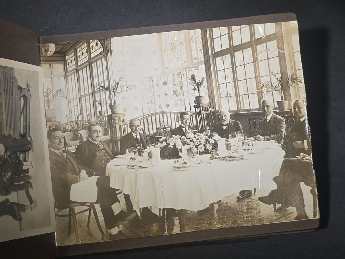 Antique Snapshot Photo Album Containing 45+ Snapshot Photographs, German-Captioned Transatlantic Voyage Aboard the R.M.S. Majestic with New York City Street Scenes, Shipboard Costume Party, Dining Room Interior, and Portraits