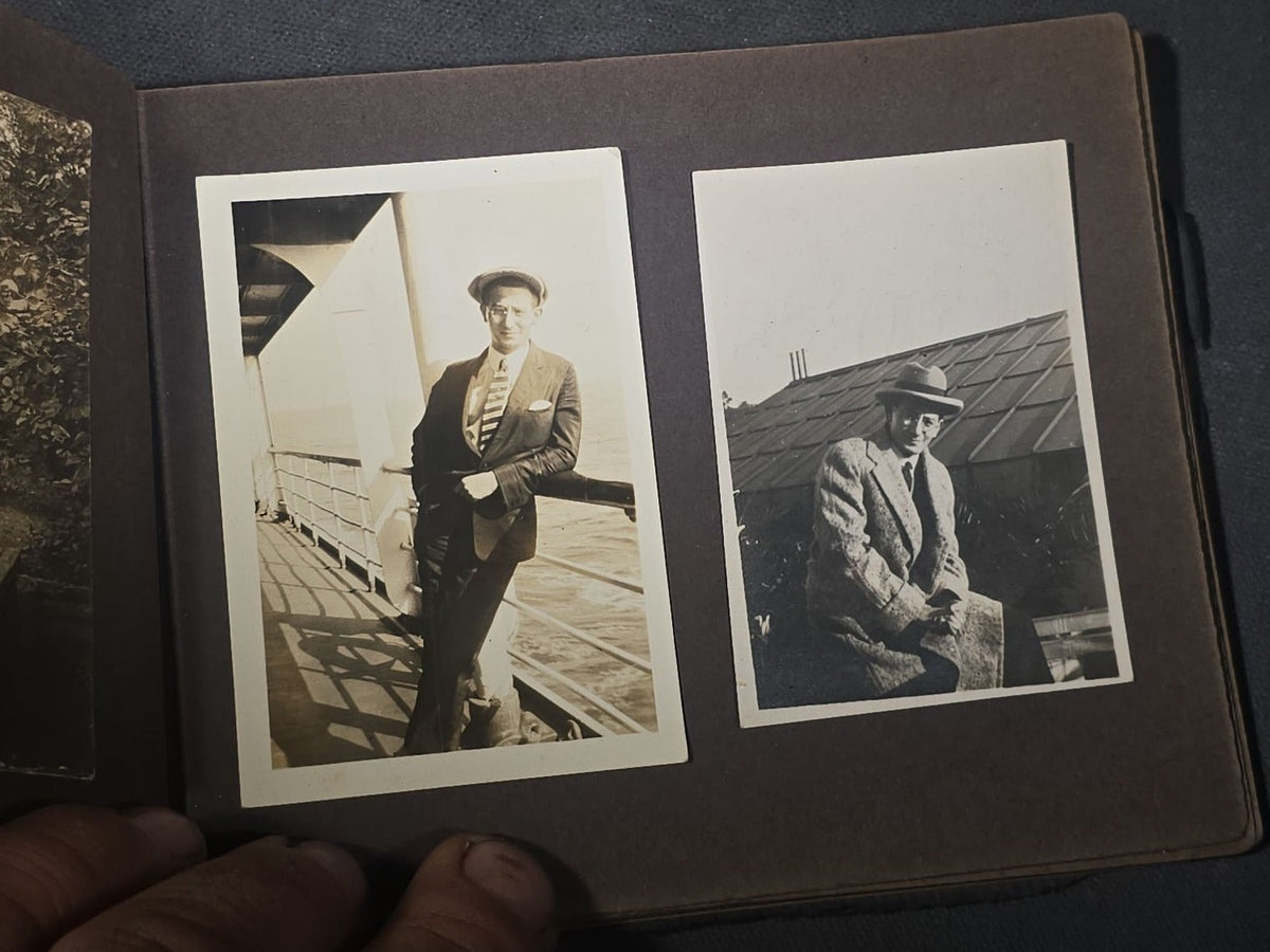 Antique Snapshot Photo Album Containing 45+ Snapshot Photographs, German-Captioned Transatlantic Voyage Aboard the R.M.S. Majestic with New York City Street Scenes, Shipboard Costume Party, Dining Room Interior, and Portraits
