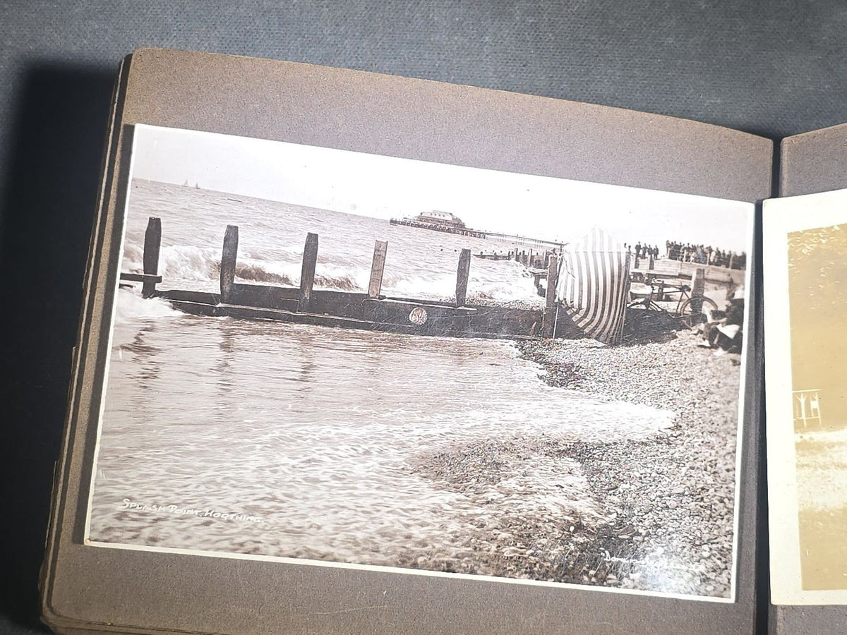Antique Snapshot Photo Album Containing 45+ Snapshot Photographs, German-Captioned Transatlantic Voyage Aboard the R.M.S. Majestic with New York City Street Scenes, Shipboard Costume Party, Dining Room Interior, and Portraits
