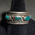 Lot 034 - Vintage Old Pawn Native American Sterling Silver and Turquoise Band Ring with Multiple Cabochons and Twisted Rope Wire Borders, Size 8, Total Weight 8.68 g