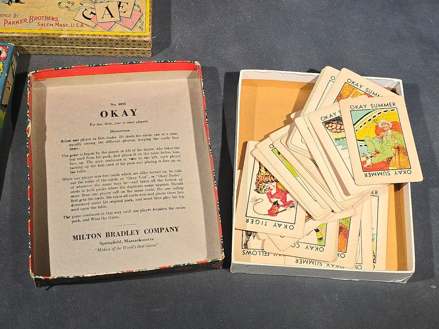Grouping of Five Antique Card and Letter Games including Okay, Gasoline Alley, Letters and Anagrams, Merry Matches, and Snap, Published by Milton Bradley, Parker Brothers, and McLoughlin Bros.