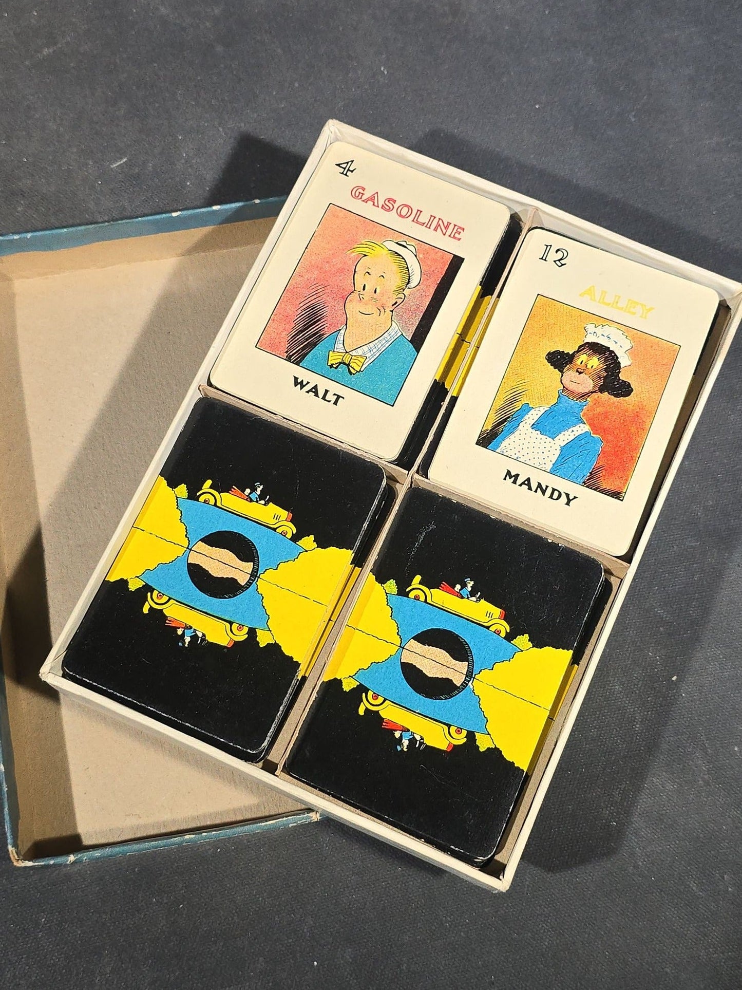 Grouping of Five Antique Card and Letter Games including Okay, Gasoline Alley, Letters and Anagrams, Merry Matches, and Snap, Published by Milton Bradley, Parker Brothers, and McLoughlin Bros.