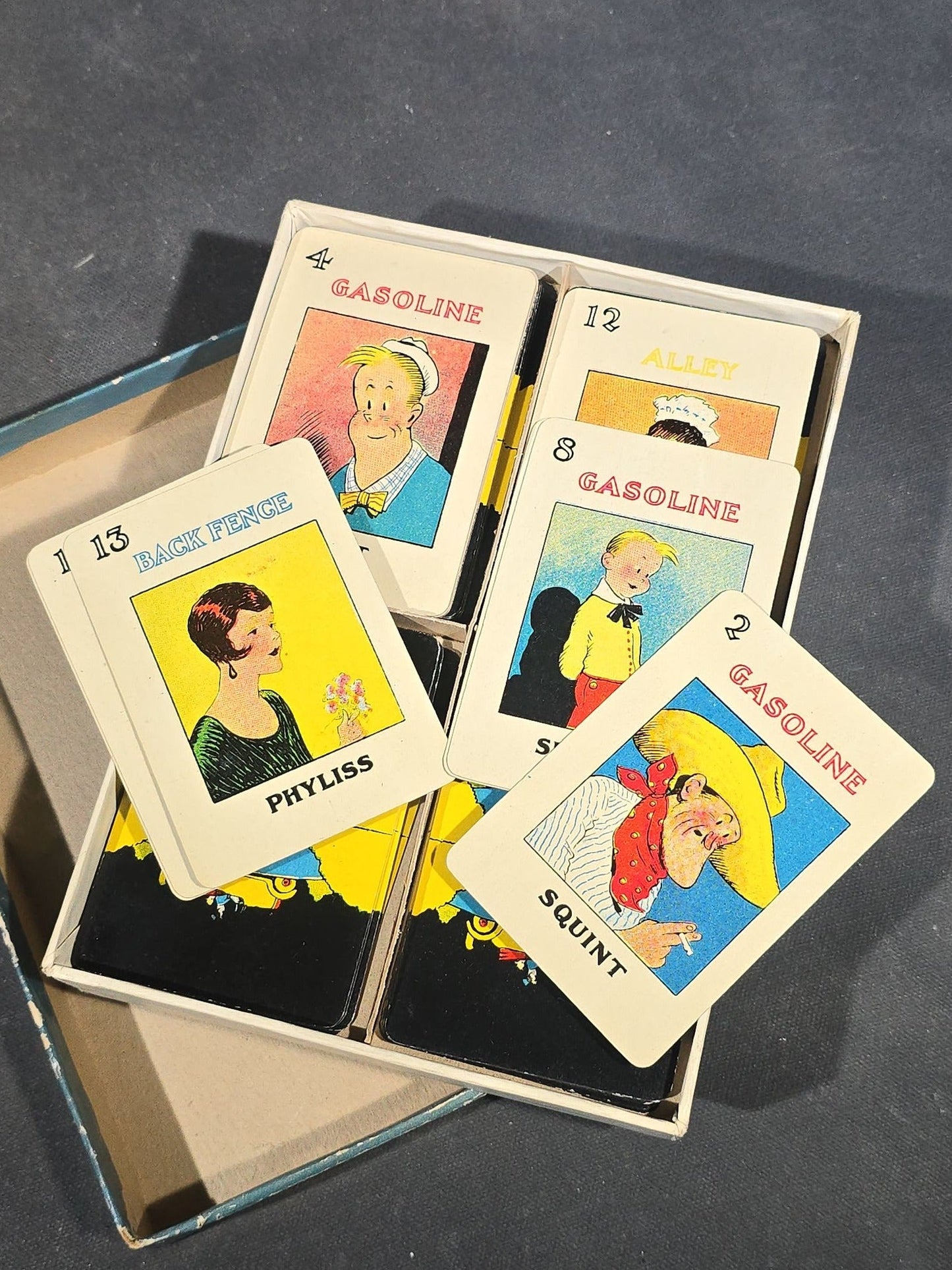 Grouping of Five Antique Card and Letter Games including Okay, Gasoline Alley, Letters and Anagrams, Merry Matches, and Snap, Published by Milton Bradley, Parker Brothers, and McLoughlin Bros.