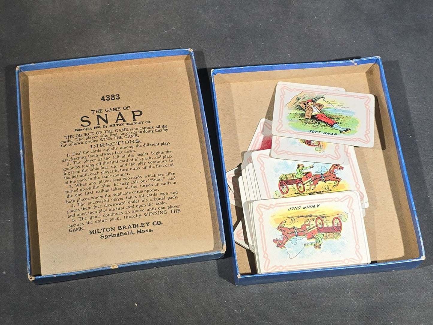 Grouping of Five Antique Card and Letter Games including Okay, Gasoline Alley, Letters and Anagrams, Merry Matches, and Snap, Published by Milton Bradley, Parker Brothers, and McLoughlin Bros.