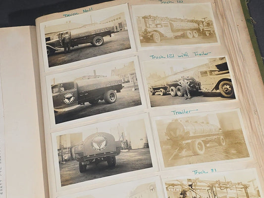 Vintage Quincy Oil Company Scrapbook with Snapshot Photographs, Newspaper Clippings, and Ephemera Documenting Fred E. Bergfors and Company Operations across Massachusetts, Circa 1928-1935